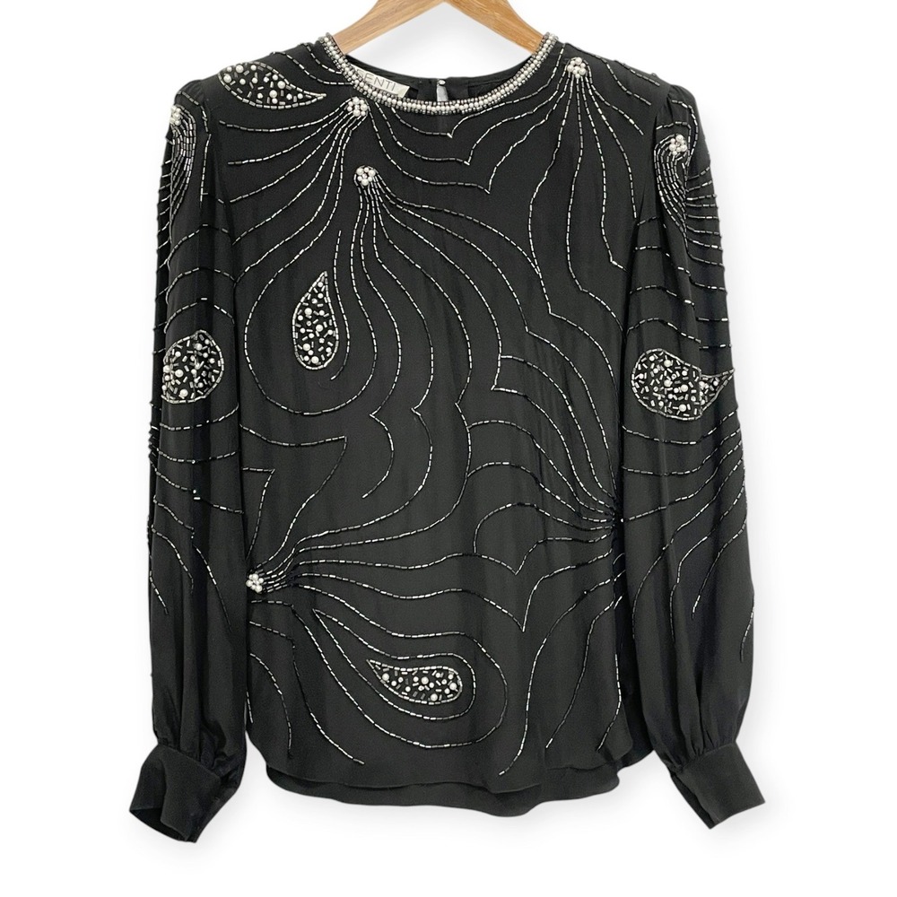 Vintage Art Deco Womens Black Silk Beaded Pearl Evening Top Size S Formal Glam